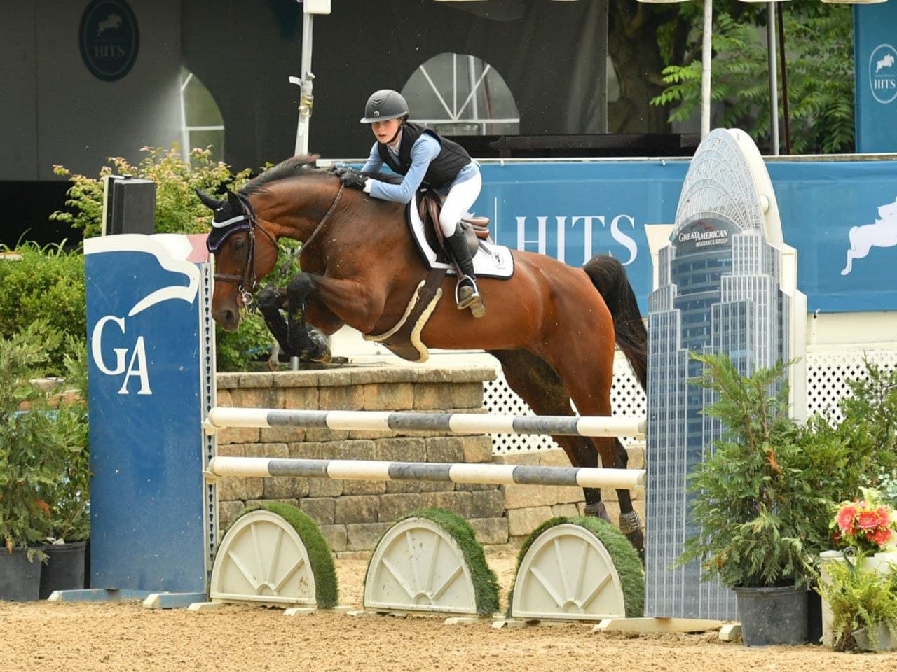 Rider and bay horse jumping a Great American obstacle in the show ring